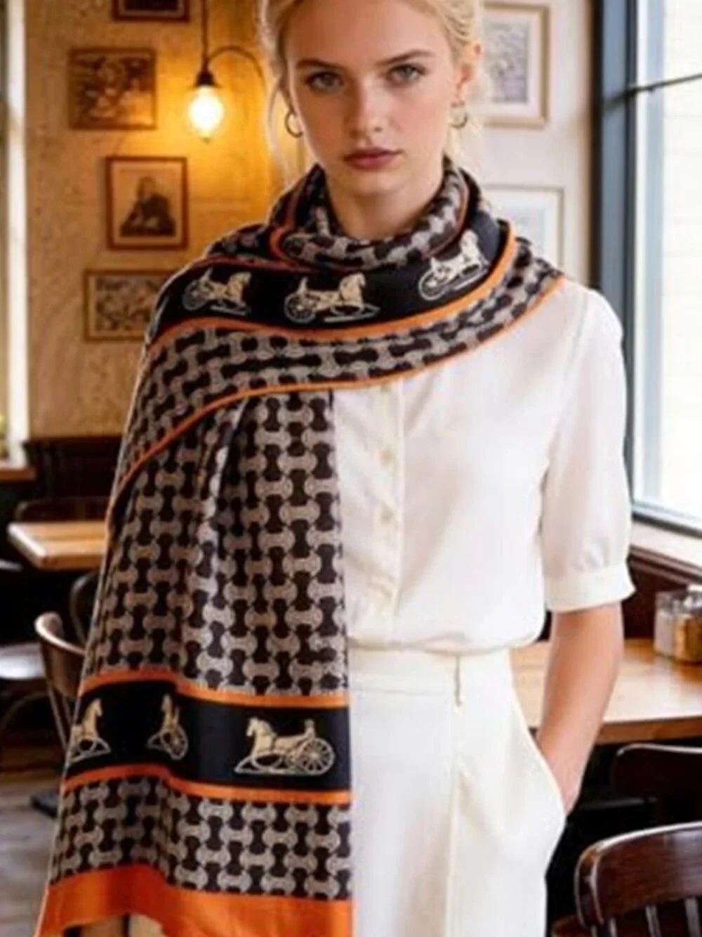Brown Orange Horse Print Satin Scarf Long Lightweight Shawl Wrap